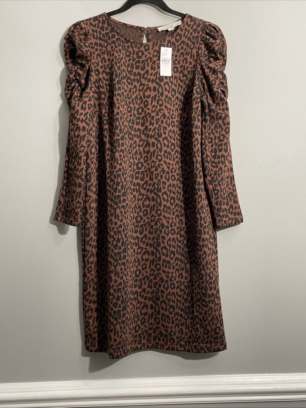 LOFT Leopard Print Midi Dress Womens Medium Ruched Long Sleeve NWT